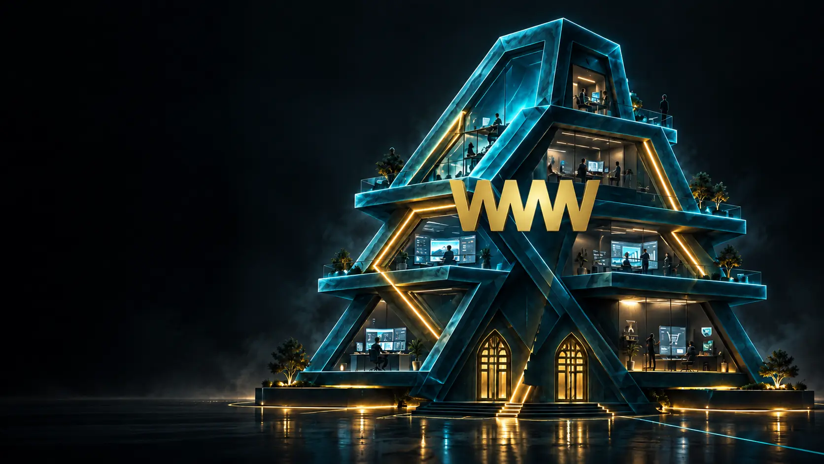 The teal Websites house with its gold WWW mark connecting publishing, analytics, forms, and checkout