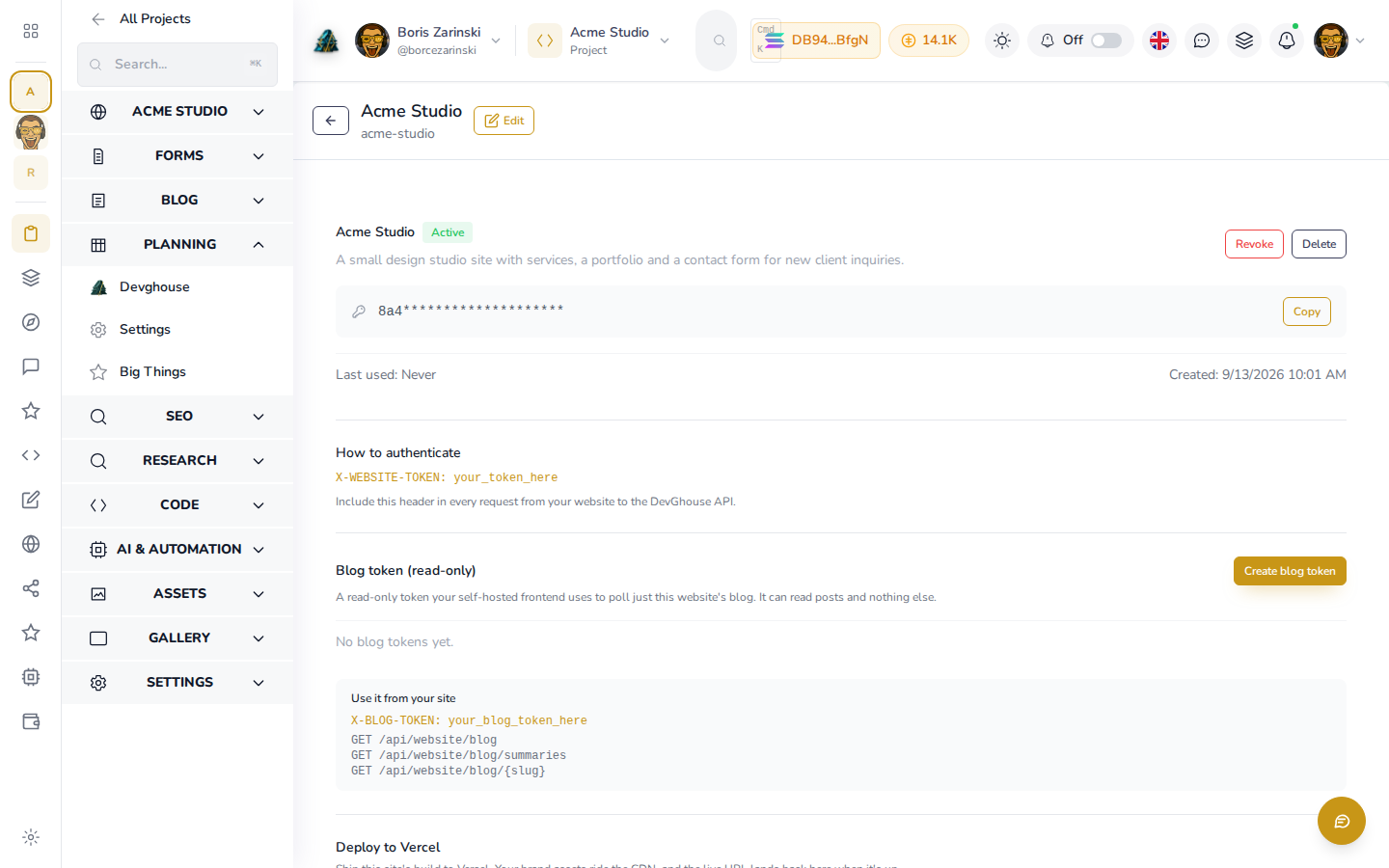 A website’s API token panel