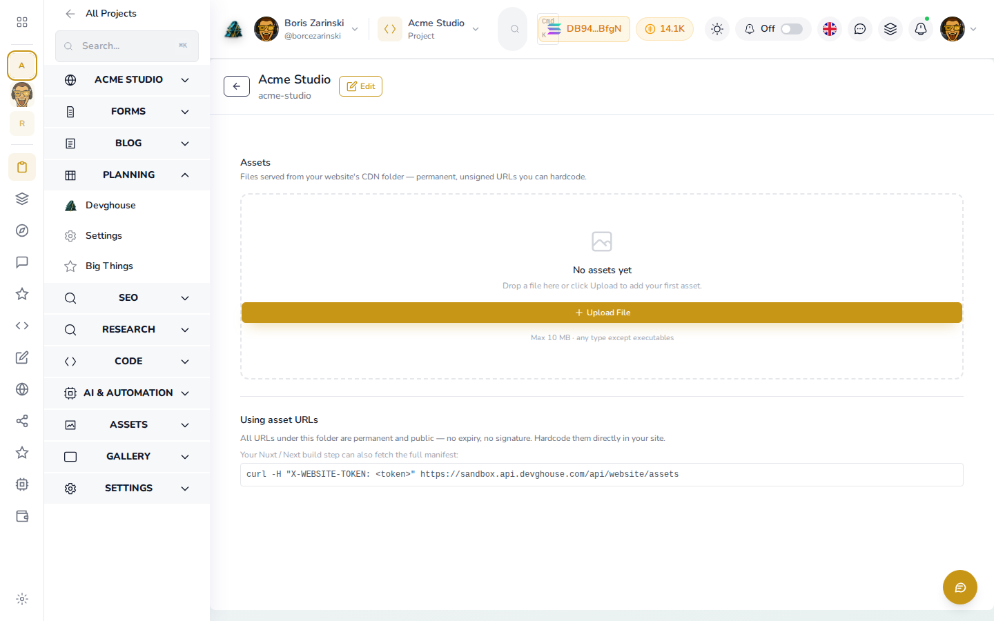The Assets section ready for a first upload