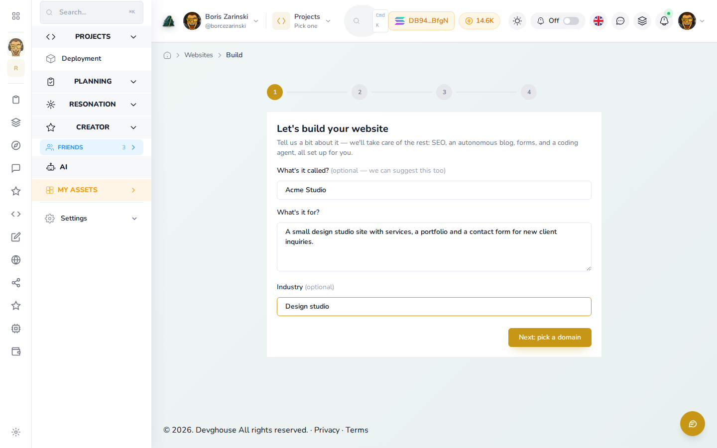 A site URL pasted into the funnel with its extracted pages, brand, and metadata