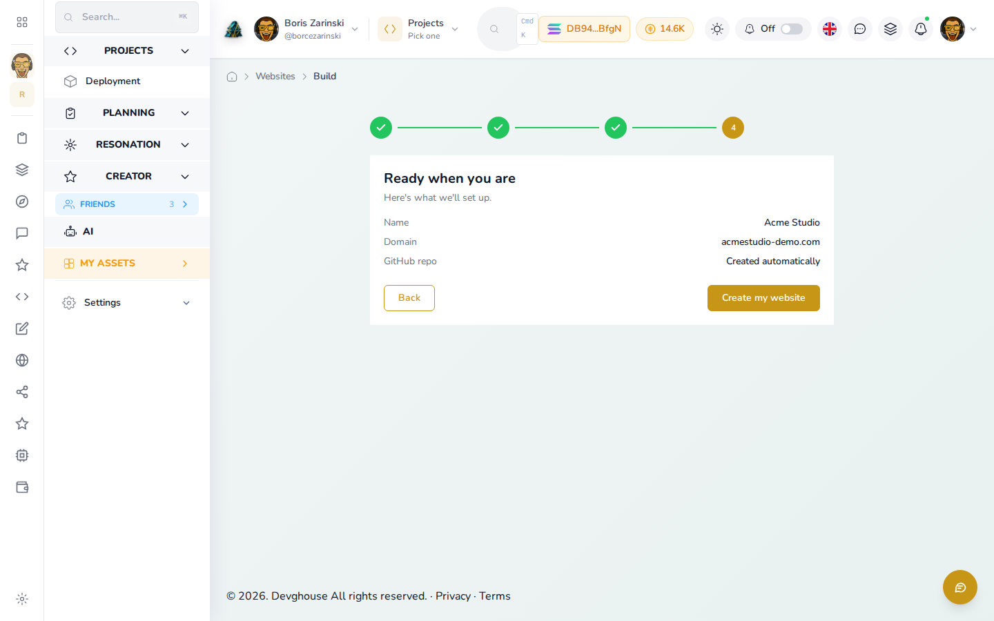 The build wizard's review step before creating a new website