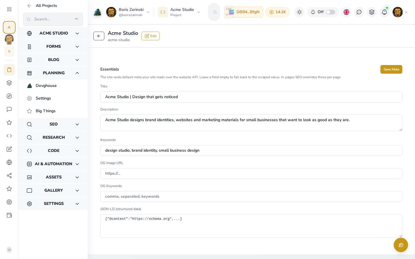 Website essentials and brand settings in the dashboard