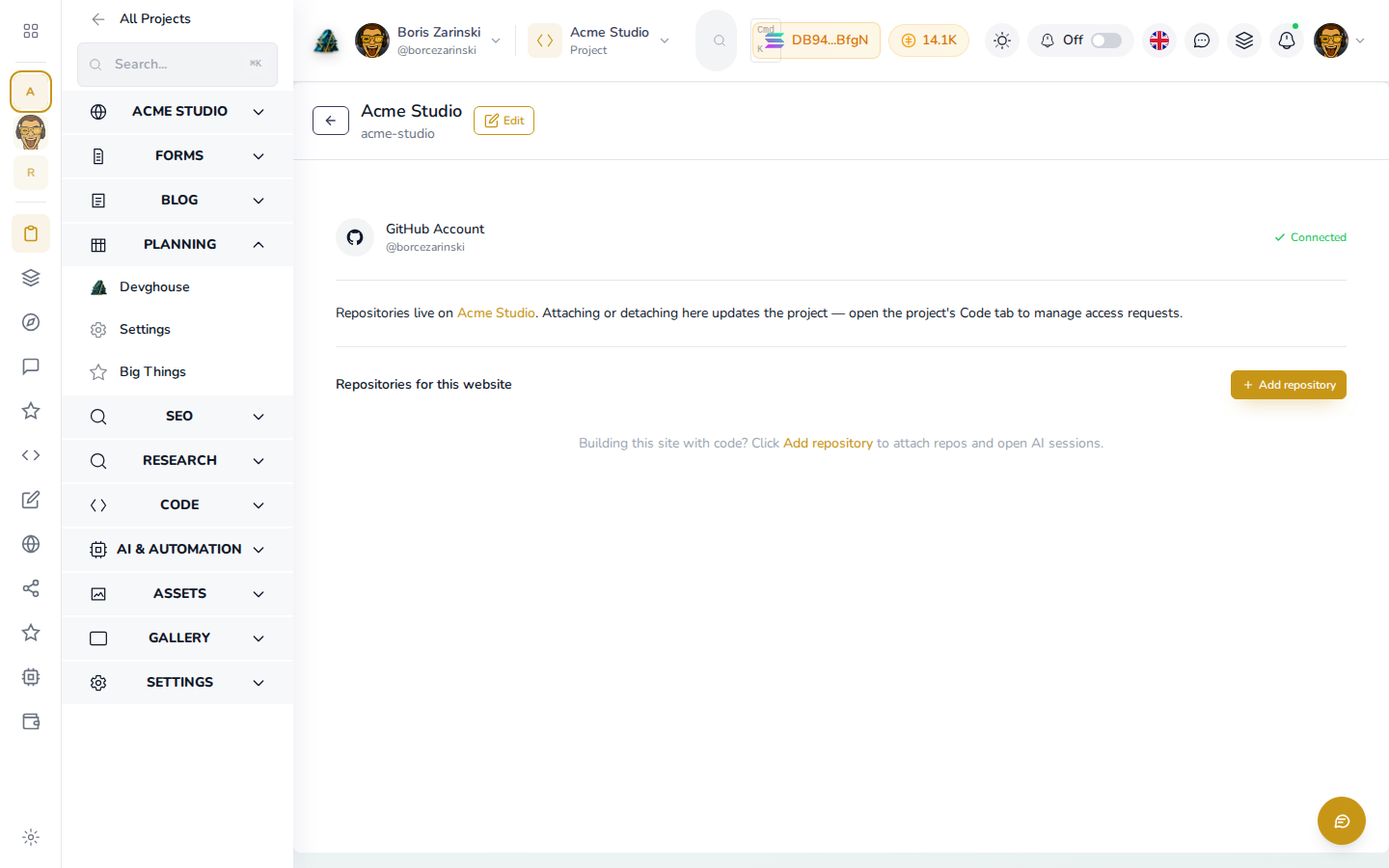 The Code section with a GitHub account connected
